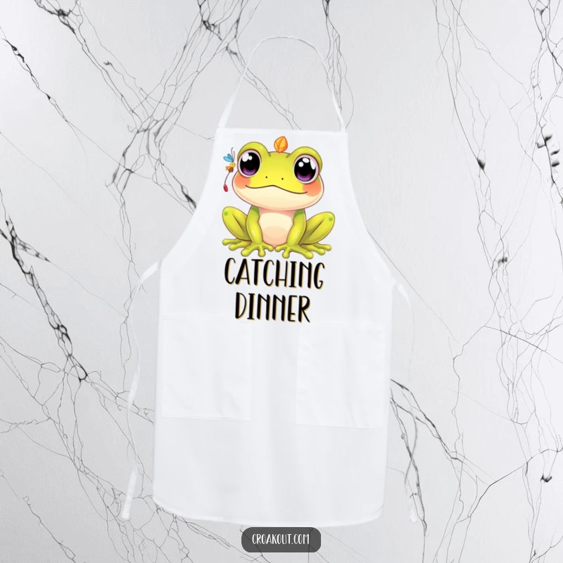 Funny kawaii frog apron depicting a cute character intently watching a fly, bringing humor and charm to kitchen duties.