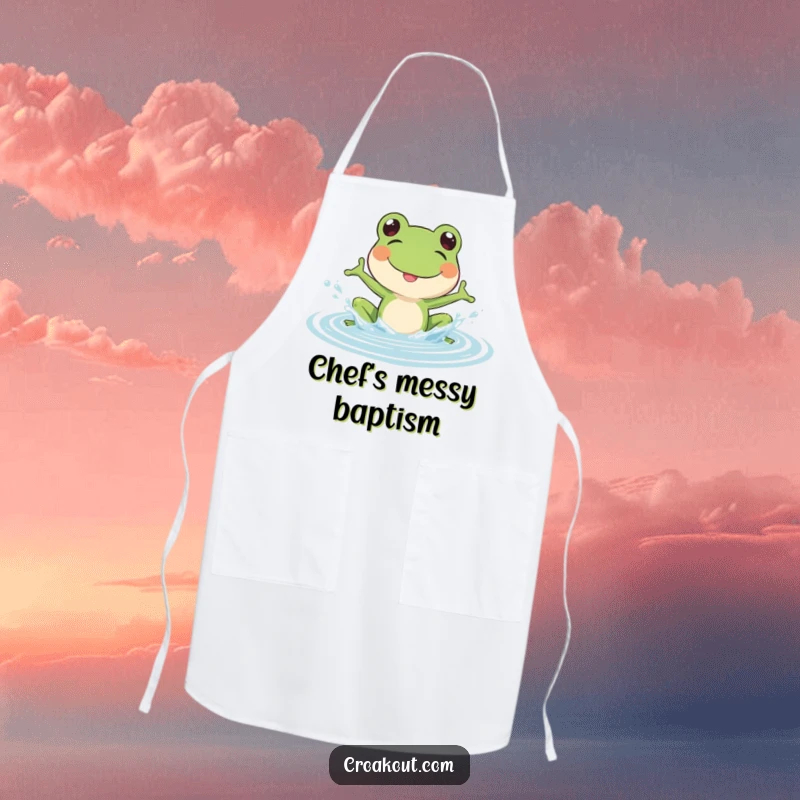 Funny Frog Apron: A kitchen apron depicting a frog splashing water, adding a fun and energetic vibe to cooking tasks.