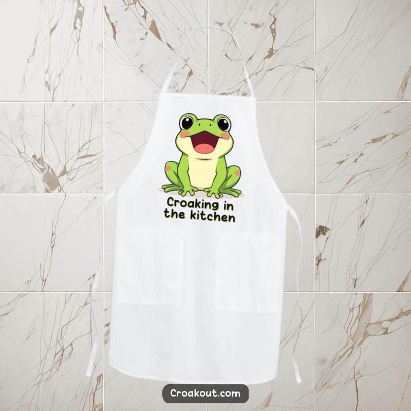 Funny apron featuring a kawaii frog character happily croaking loudly, ideal for kitchen fun and protecting clothes while cooking.