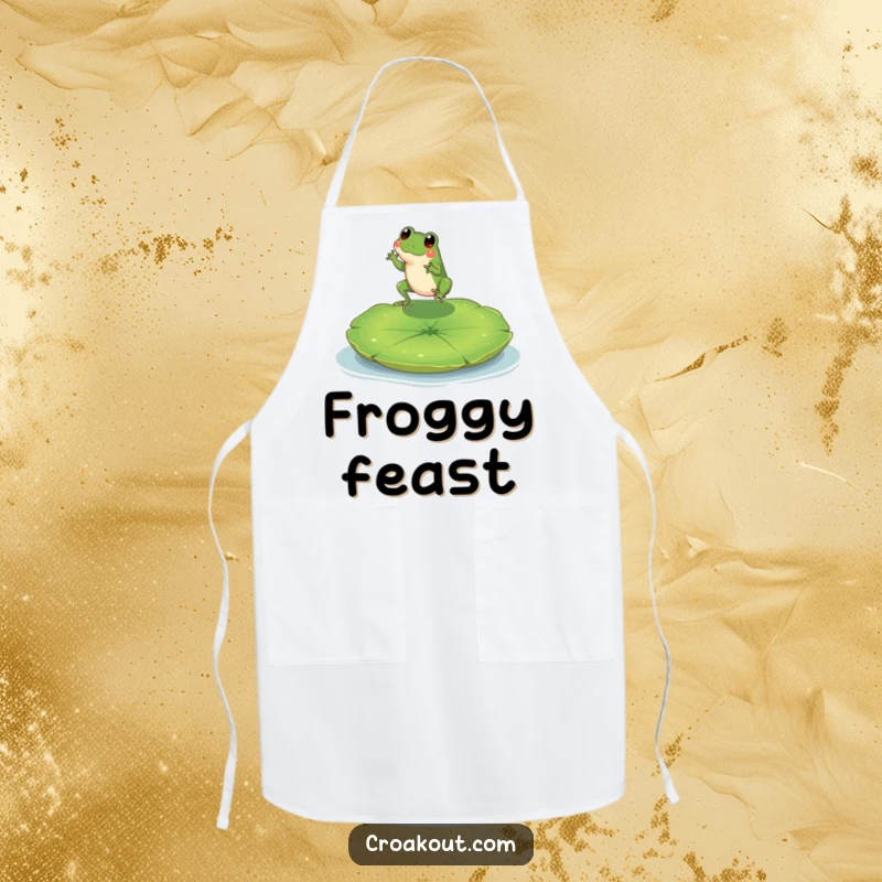 Funny apron depicting a tiny frog character mid-leap onto a large lily pad, adding a charming touch to kitchen wear.