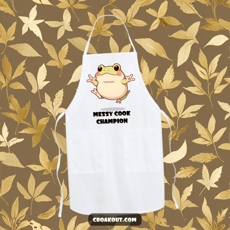 Funny clumsy frog apron showing a plump amphibian mid-jump with comical awkwardness while cooking, a funny gift.