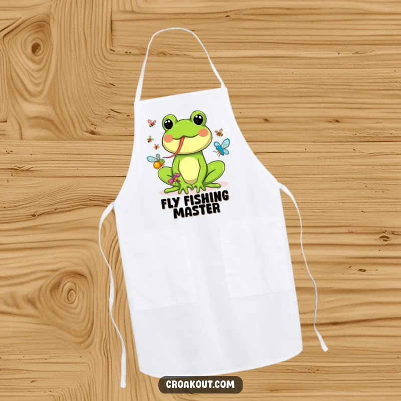 Funny apron print of a happy frog with its tongue extended, catching a flurry of colorful bugs during a kitchen adventure.