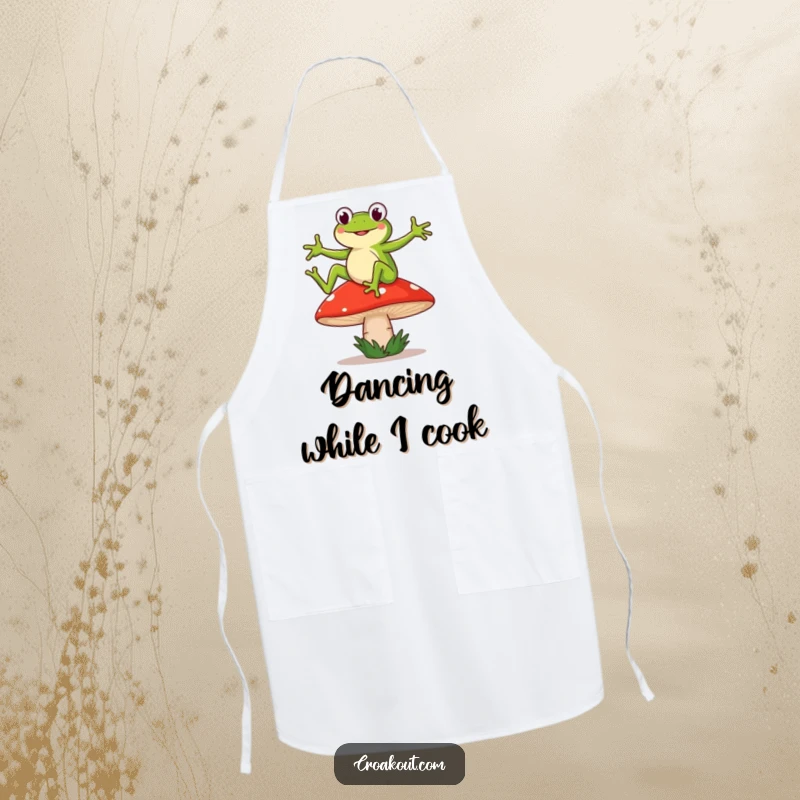 Funny apron showing a frog character dancing on a wobbly mushroom, adding humor to kitchen tasks.