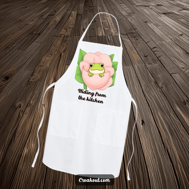 Funny Frog Apron: A chef's apron featuring a cute frog peeking from behind a flower, making cooking more enjoyable with a touch of humor.