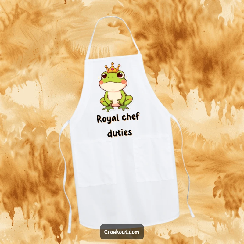 Funny apron depicting a frog wearing a small crown, looking regal and slightly amused, ready for kitchen command.