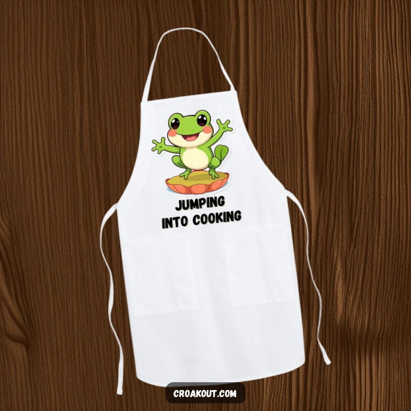 Funny apron showcasing a happy frog character mid-leap on a lily pad, perfect for adding humor to kitchen activities.