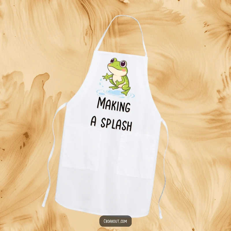 Funny Frog Apron: A kitchen apron depicting a frog leaping over water droplets, adding a fun and energetic vibe to cooking tasks.