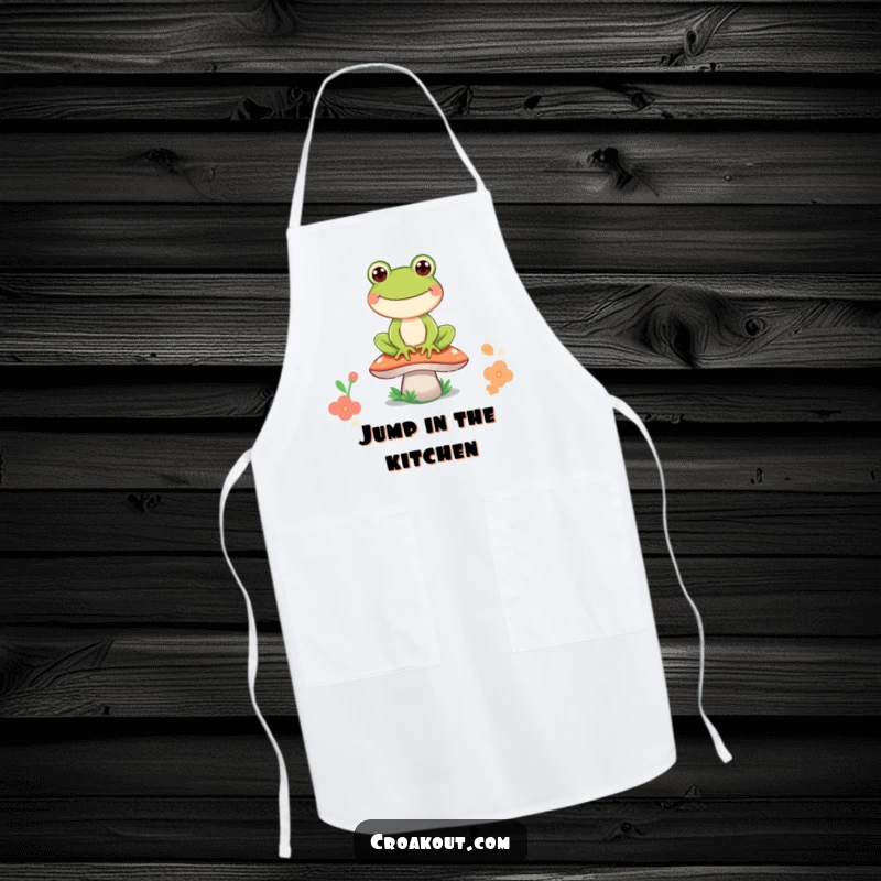 Funny frog apron showing a cheerful frog character perched on a mushroom, ready to add humor to any cooking or baking session.