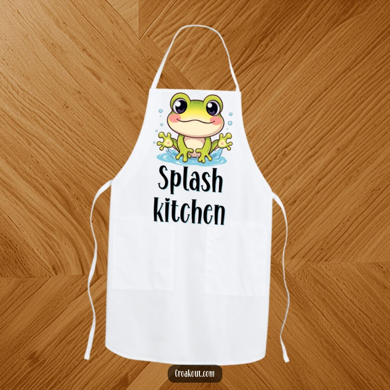Funny apron depicting a cheerful frog character with wide eyes, creating a humorous splash, ideal for kitchen fun.