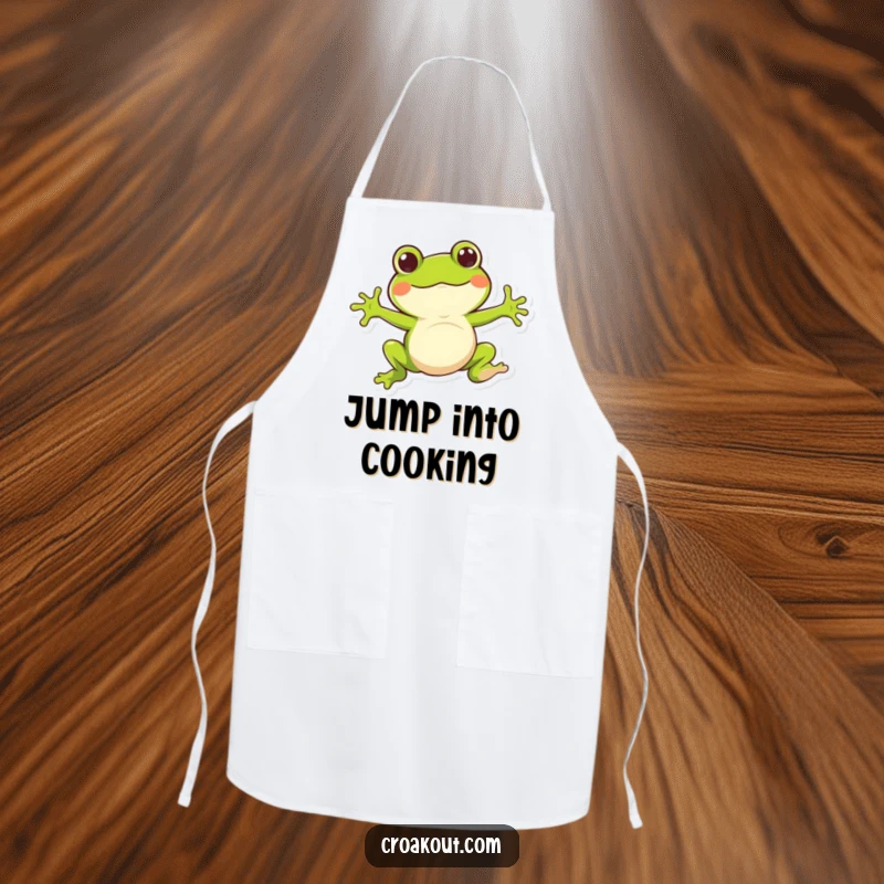 Funny apron with a whimsical frog character doing a bouncy jump, ideal for kitchen protection and adding a touch of playful energy.