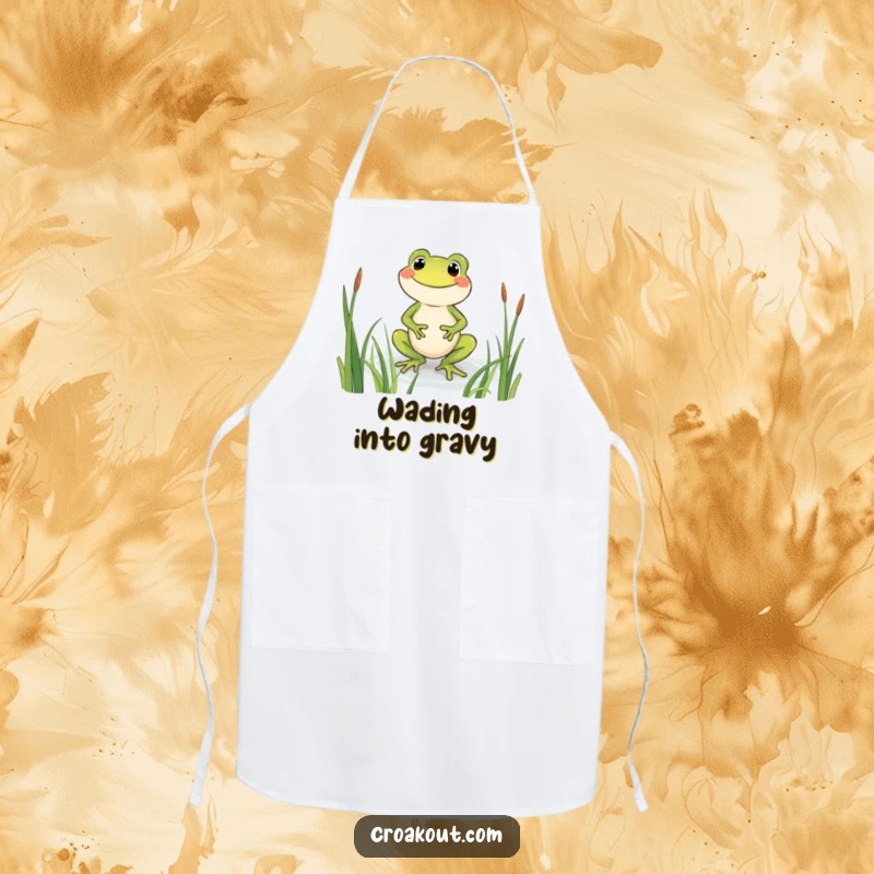 Funny frog apron showing a beaming character wading through reeds, ideal for adding a cheerful and humorous touch to kitchen tasks.