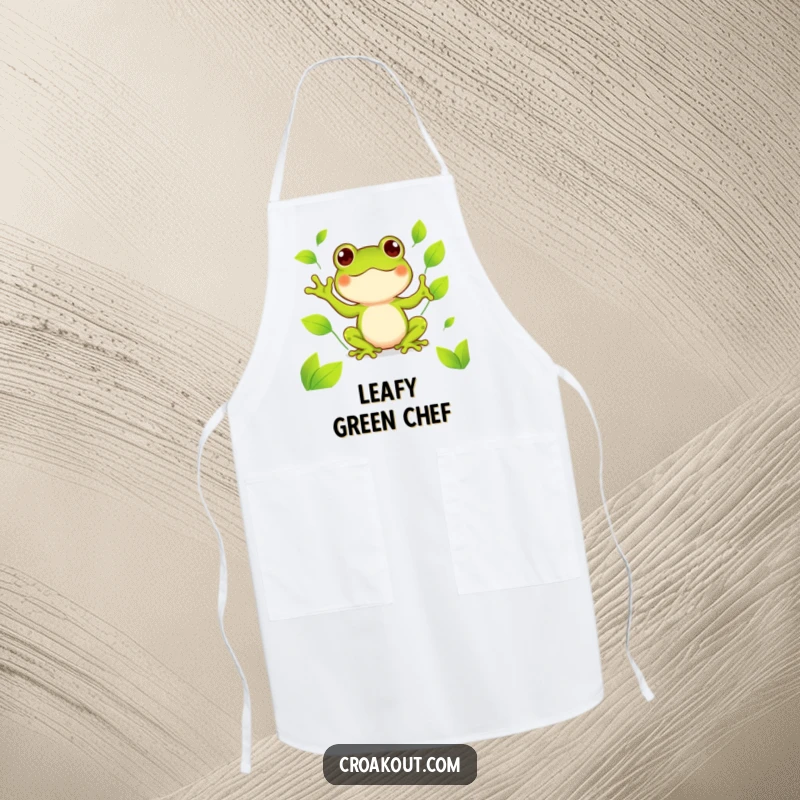 Funny kawaii frog apron depicting a cute amphibian happily juggling bright green leaves, a humorous and practical kitchen accessory.