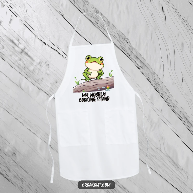 Funny apron featuring a kawaii frog character comically struggling to balance on a log, ideal for kitchen fun and protecting clothes.