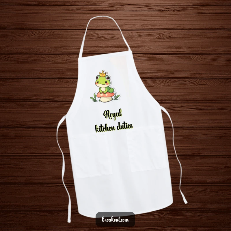 Funny frog apron depicting a small amphibian wearing a tiny crown, sitting regally on a mushroom, a humorous and practical kitchen accessory.