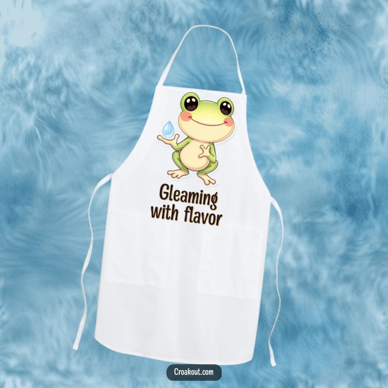 Funny Frog Apron: A kitchen apron showcasing a frog gleefully holding a sparkling dewdrop, adding a cheerful and whimsical touch to cooking.