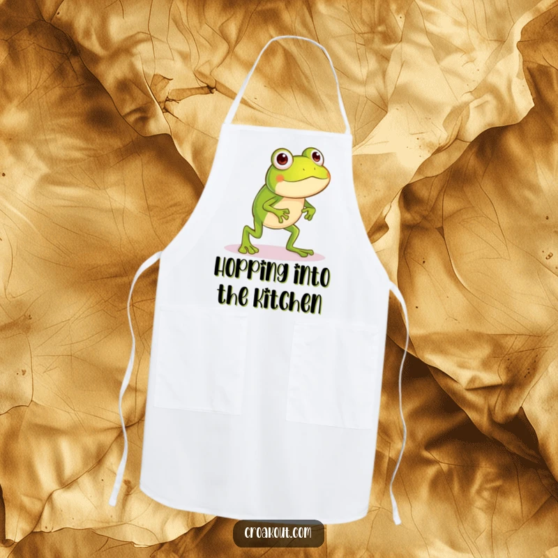 Funny frog apron showing a little character with long legs attempting a silly hop, ideal for adding humor to kitchen tasks.