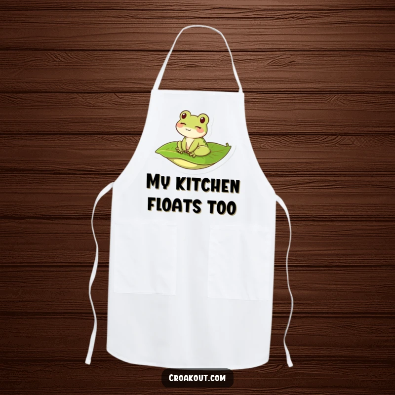 Funny kawaii frog winking on a leaf, displayed on a practical apron for a humorous and joyful cooking experience.