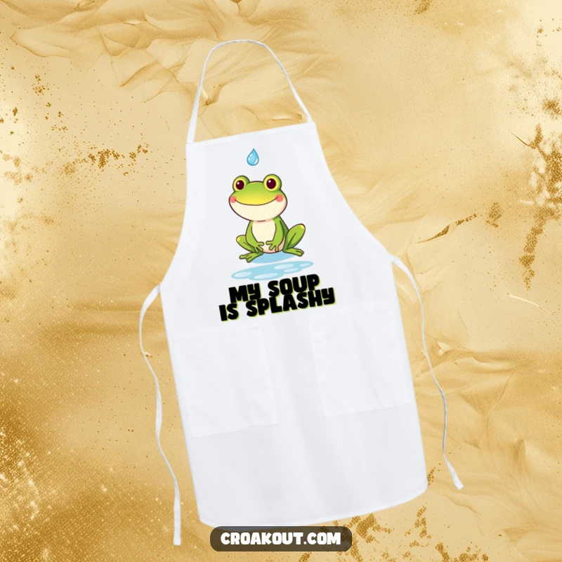 Funny kawaii frog with a goofy grin catching a raindrop, on a practical apron for humorous kitchen adventures.