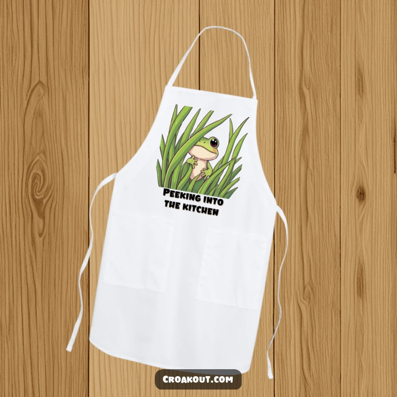 Funny frog apron showing a curious character peeking from behind a blade of grass, ideal for adding humor to kitchen duties.