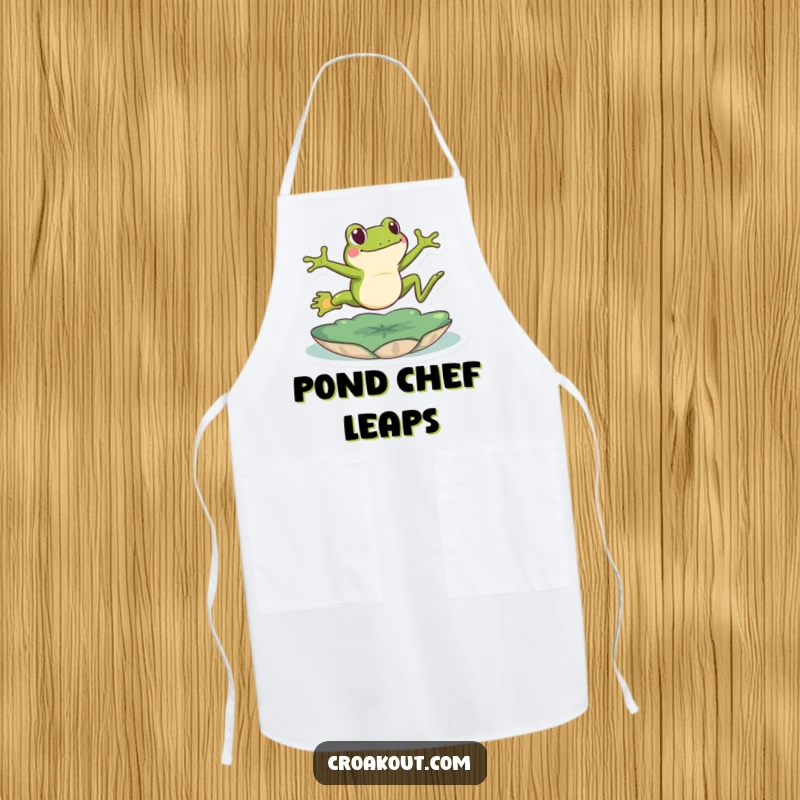 Funny frog apron depicting an energetic amphibian leaping over a lily pad, a humorous and practical accessory for cooking.