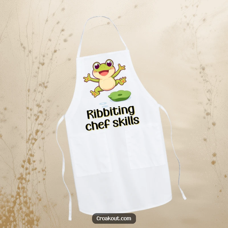 Funny frog apron illustrating a happy amphibian leaping over a lily pad while cooking, a fun funny gift.