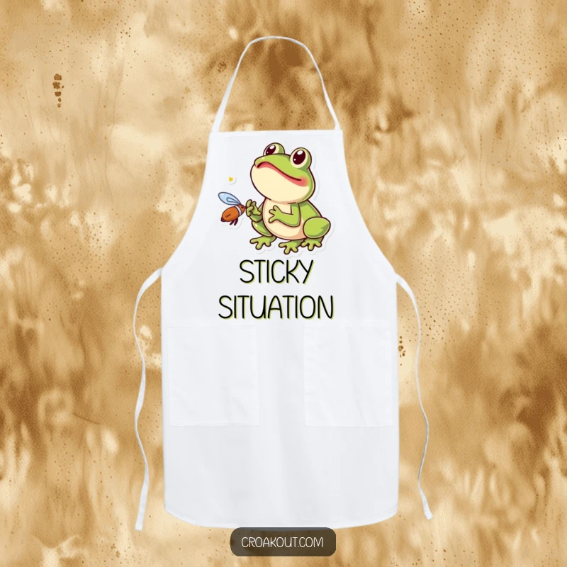 Funny frog apron featuring a small amphibian excitedly catching a fly with its tongue, a humorous and practical kitchen accessory.