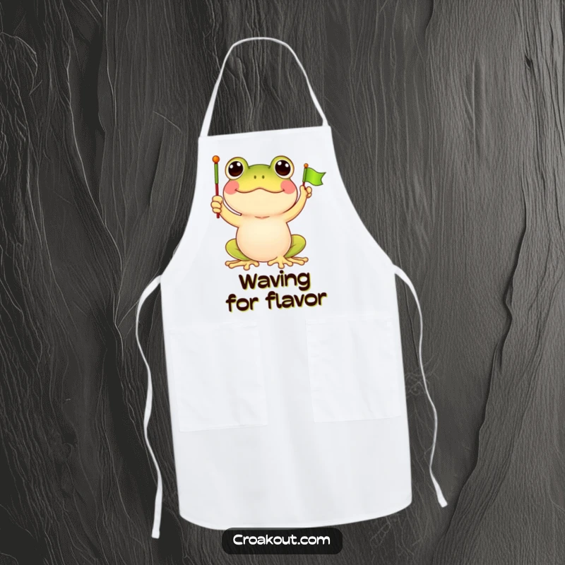 Funny frog apron with a happy frog character waving a small flag, bringing a sense of fun to cooking or baking activities.