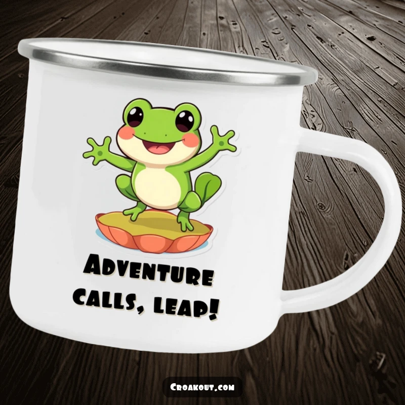 Funny camping mug featuring a happy frog character leaping joyfully on a lily pad, perfect for outdoor coffee breaks.