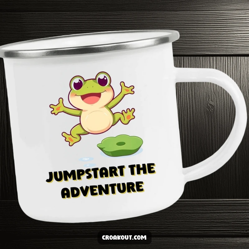Funny frog camping mug depicting a happy amphibian leaping over a lily pad, an adventurous funny gift.