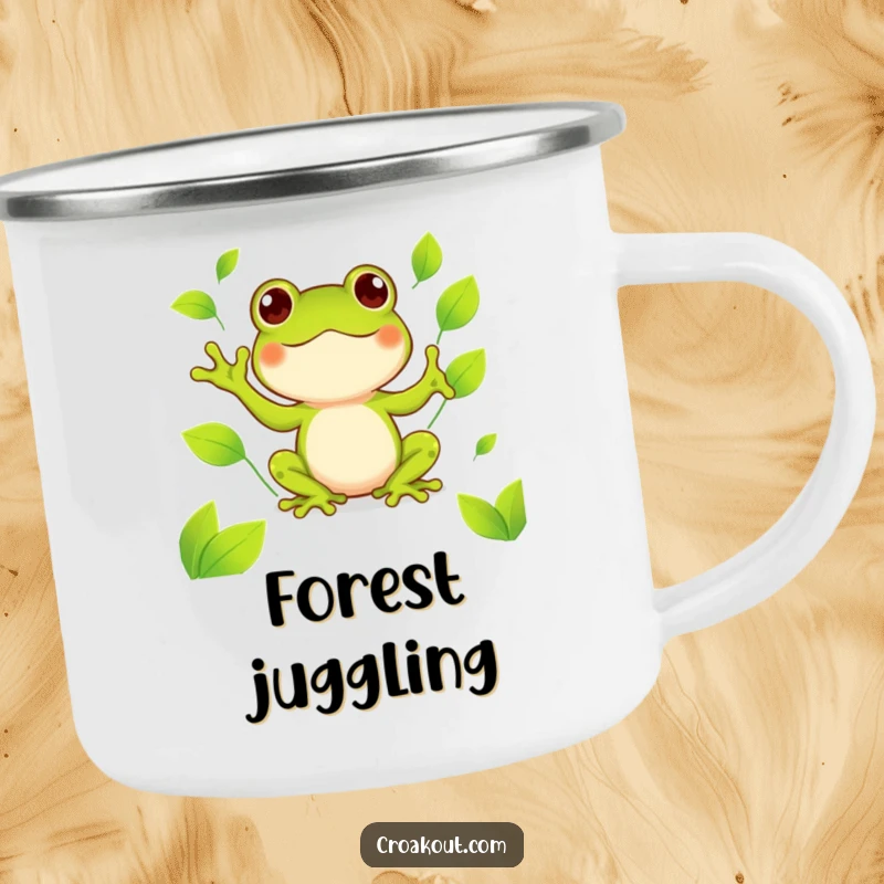 Funny kawaii frog camping mug with a cute amphibian happily juggling bright green leaves, a humorous and durable cup for adventures.