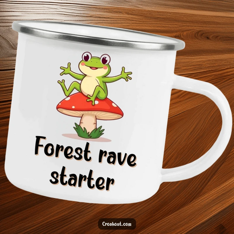 Funny camping mug featuring a frog character dancing on a wobbly mushroom, perfect for humorous outdoor enjoyment.
