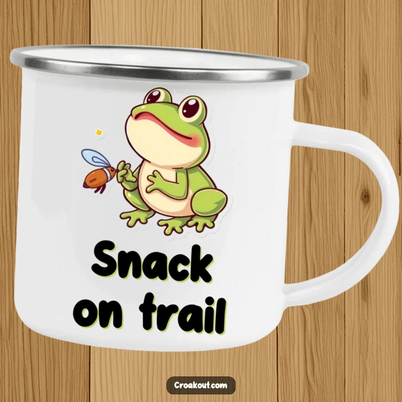 Funny frog camping mug with a small amphibian excitedly catching a fly with its tongue, a humorous and durable cup for the outdoors.