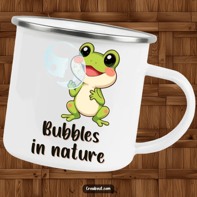 Funny frog bubble camping mug featuring a cheerful character blowing a giant bubble, perfect for outdoor enjoyment and humor.