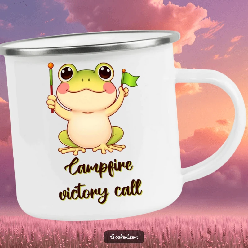 Funny frog camping mug with a happy frog character waving a small flag, perfect for adventurers who enjoy a touch of cartoon celebration.