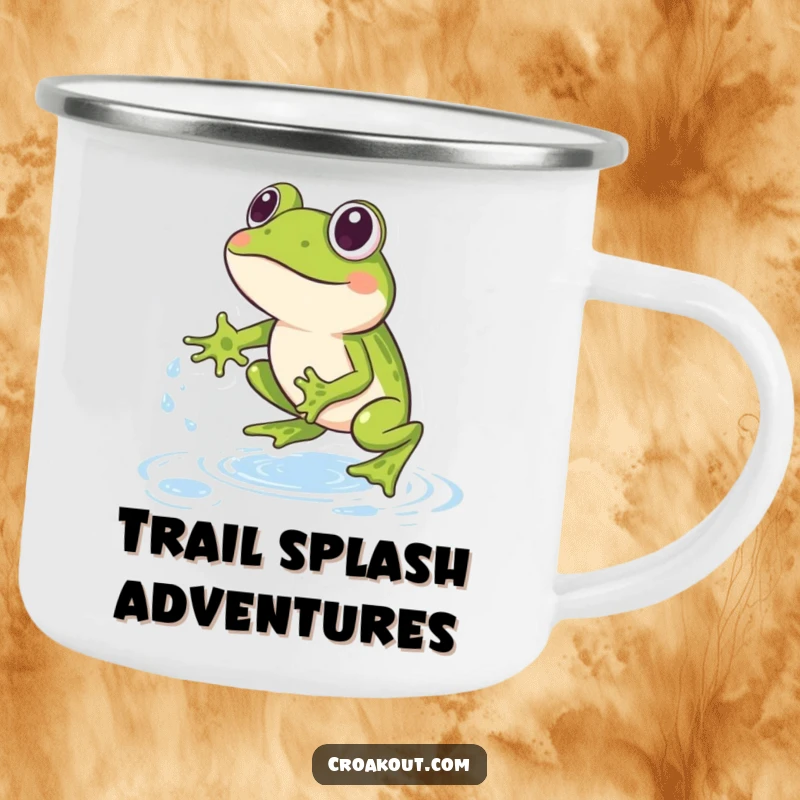 Funny Frog Camping Mug: A rugged mug featuring a frog jumping over water splashes, designed for outdoor use and fun.