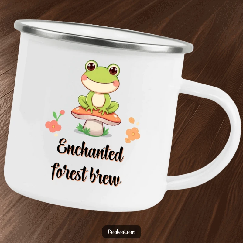Funny frog camping mug with a joyful frog character sitting on a mushroom, perfect for outdoor enthusiasts who love a good laugh.
