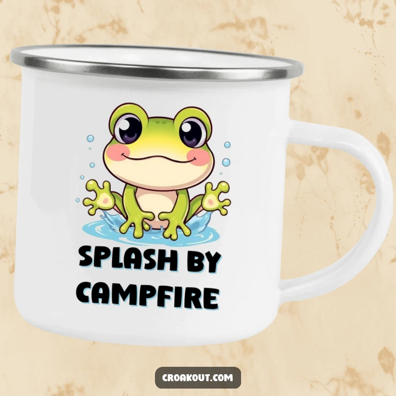 Funny camping mug with a cheerful frog character, wide-eyed and in a splash, perfect for outdoor enthusiasts.