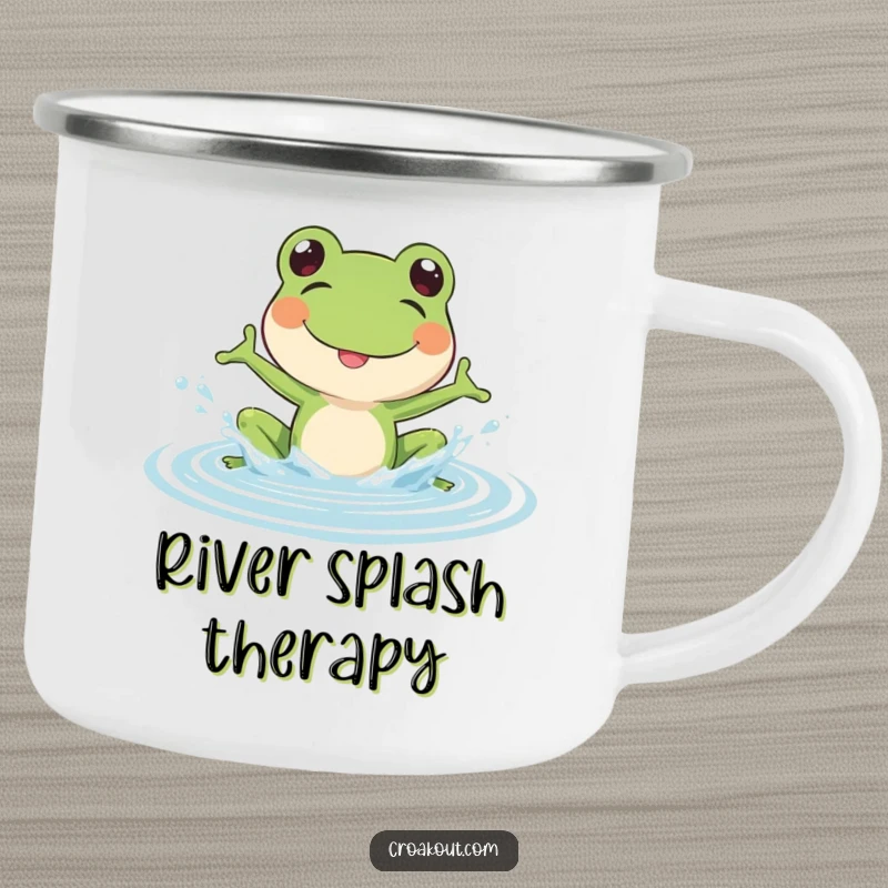 Funny Frog Camping Mug: A rugged outdoor mug featuring a frog splashing water, designed for fun and durability.