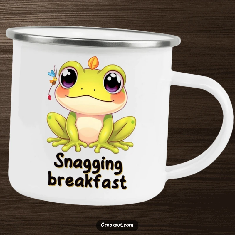 Funny kawaii frog camping mug featuring a cute character with wide eyes, humorously hunting for a fly, perfect for outdoor enjoyment.
