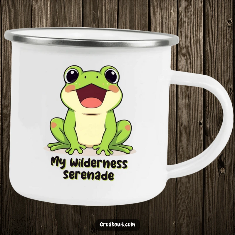 Funny camping mug with a kawaii frog character happily croaking loudly, durable design for outdoor enjoyment and beverages.