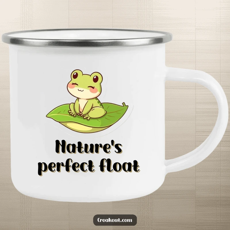 Funny kawaii frog winking on a leaf, presented on a rugged camping mug, perfect for humorous outdoor trips.