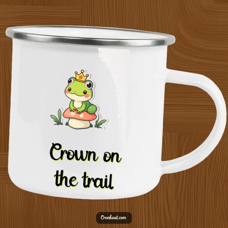 Funny frog camping mug with a small amphibian wearing a tiny crown, sitting regally on a mushroom, a humorous and durable cup.