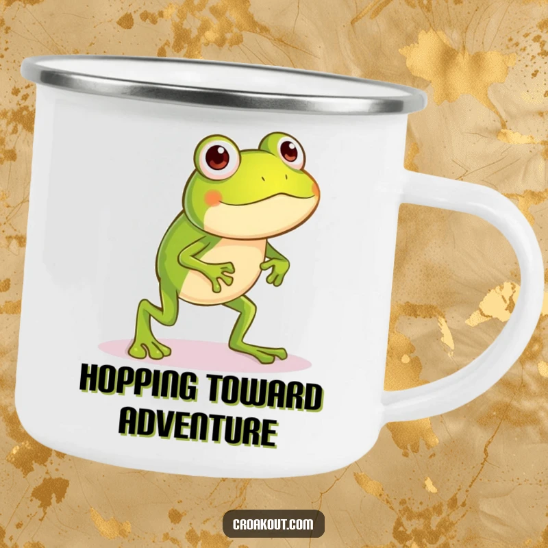 Funny frog camping mug featuring a little character with long legs in a silly hop, built for durability and outdoor humor.