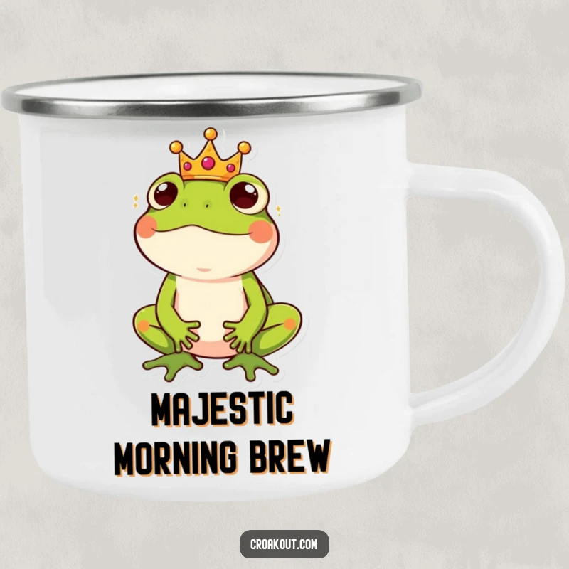 Funny camping mug showing a frog wearing a small crown, looking amused and regal, ideal for outdoor royalty.