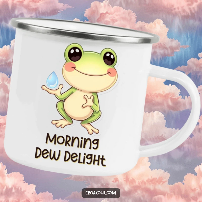 Funny Frog Camping Mug: A sturdy outdoor mug with a design of a frog gleefully holding a sparkling dewdrop, ideal for nature enjoyment.