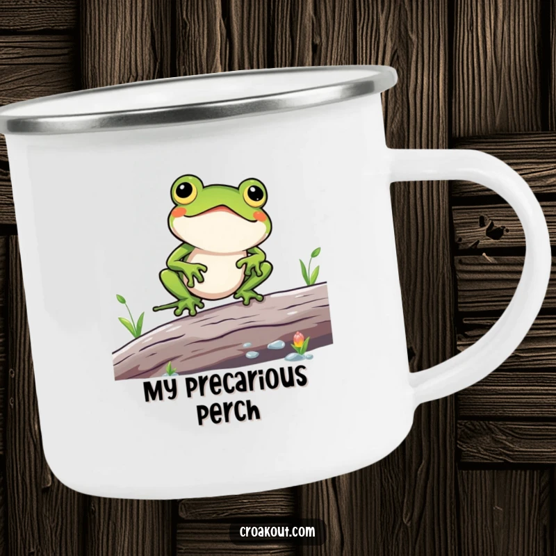 Funny camping mug with a kawaii frog character comically struggling to balance on a log, durable design for outdoor humor and beverages.