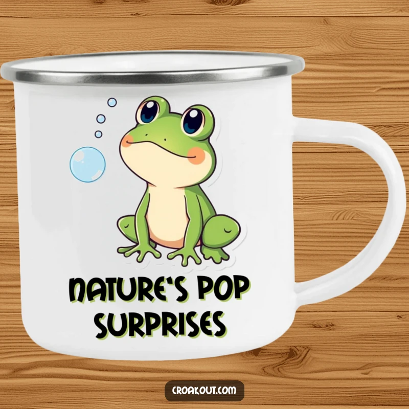 Funny camping mug featuring a frog character shocked by a popping bubble, perfect for humorous outdoor enjoyment.