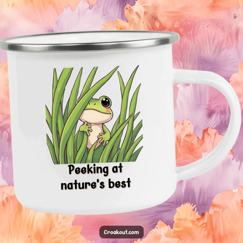 Funny frog camping mug featuring a curious character peeking from behind grass, built for durability and outdoor humor.