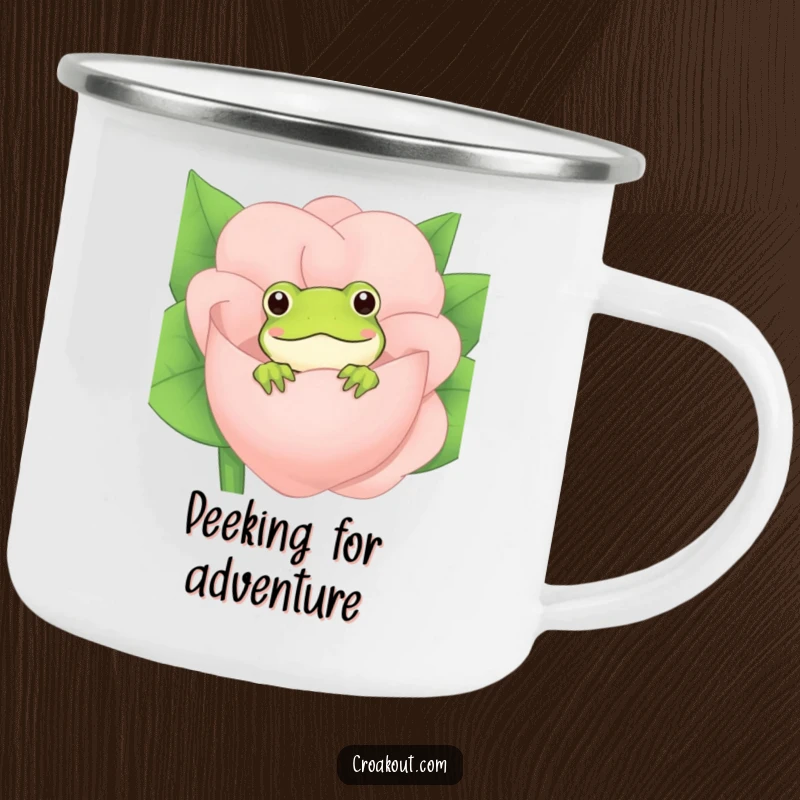 Funny Frog Camping Mug: A sturdy enamel mug with a design of a frog peeking from behind a flower, ideal for outdoor use.