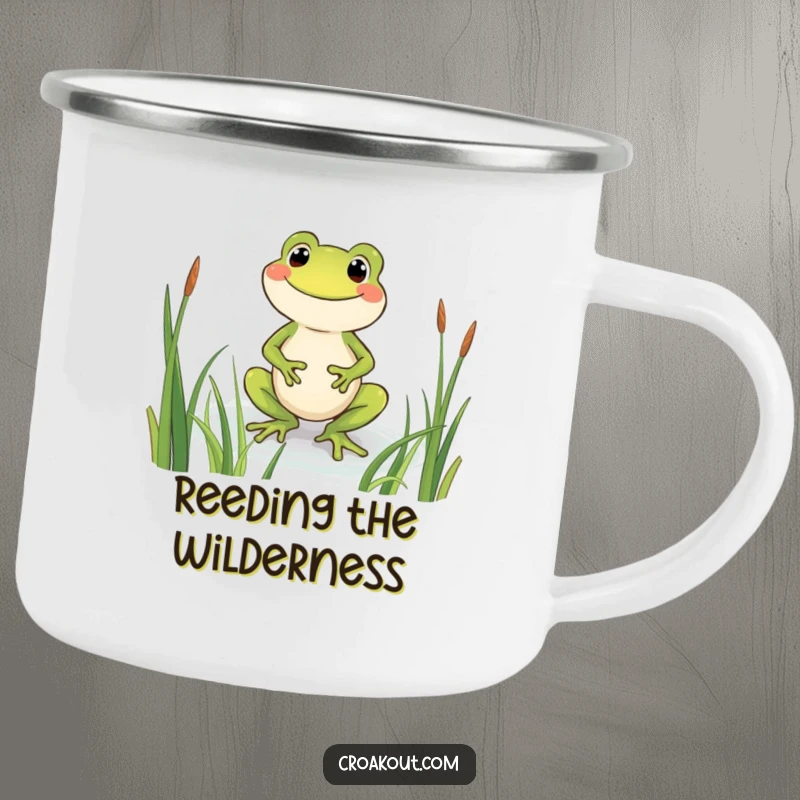 Funny frog camping mug featuring a beaming character wading through reeds, built for adventure and bringing a smile.